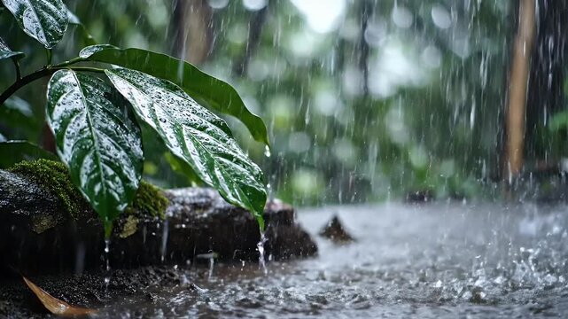 Lush green leaves glisten with raindrops in a forest setting