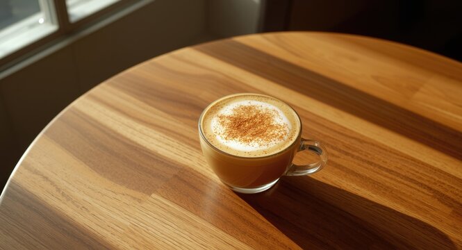 Smooth wooden table showcasing a creamy pumpkin spice latte with cinnamon sprinkle