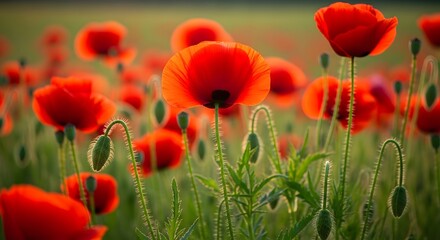 Fototapeta premium Vibrant red poppies blooming in a lush green field on a sunny day with beautiful flowers