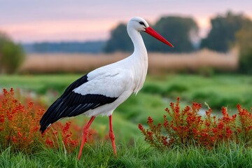 Fototapeta premium White stork standing in meadow at sunset