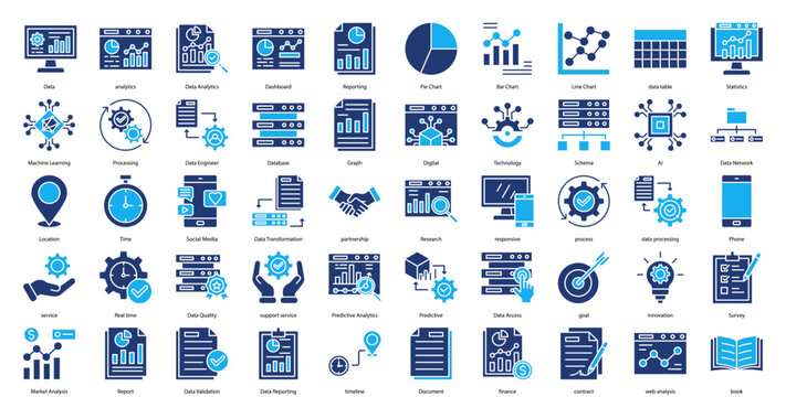 Data Analytics Icon Set Collection Pack Banner Web Vector Illustration  Concept. Containing Data, analytics, Dashboard, Reporting, Pie Chart, Bar Chart icon