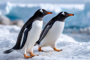 Fototapeta premium Gentoo penguins standing on snow in Antarctica