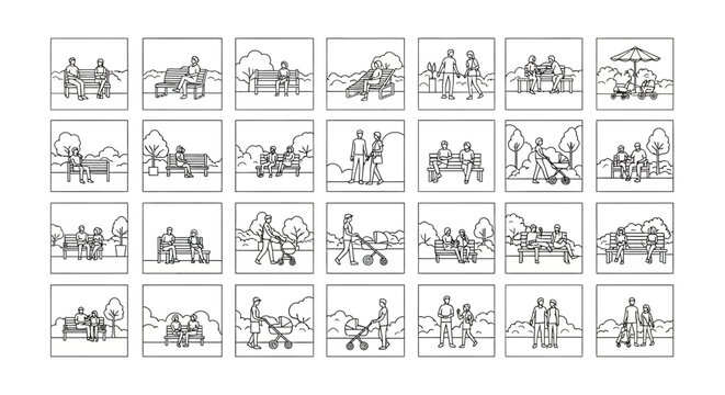 Black and white illustrations of people sitting on benches in park with trees and clouds