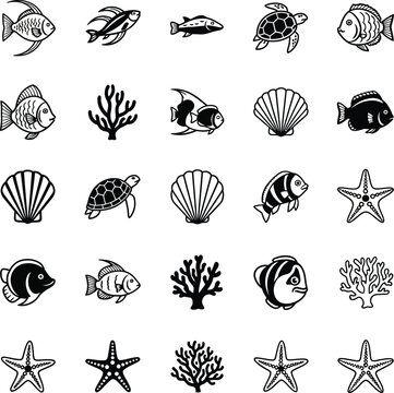 Black and white ocean of fish turtles starfish and coral underwater