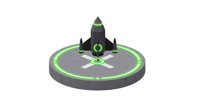 Futuristic rocket launchpad with neon accents and launch ready missile illustration