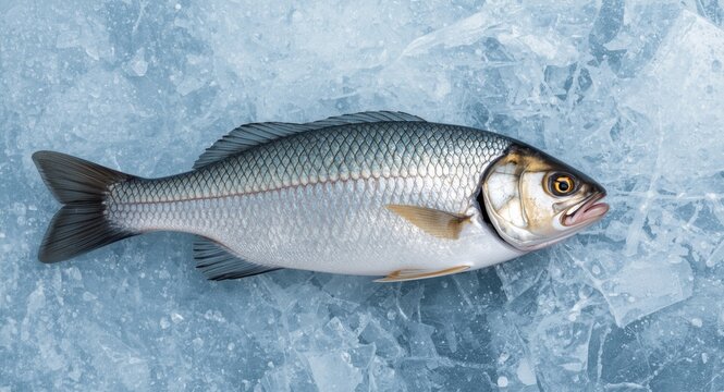 Top down shot of Pomatomus saltatrix fish in fresh blue on icy textured surface with copy space