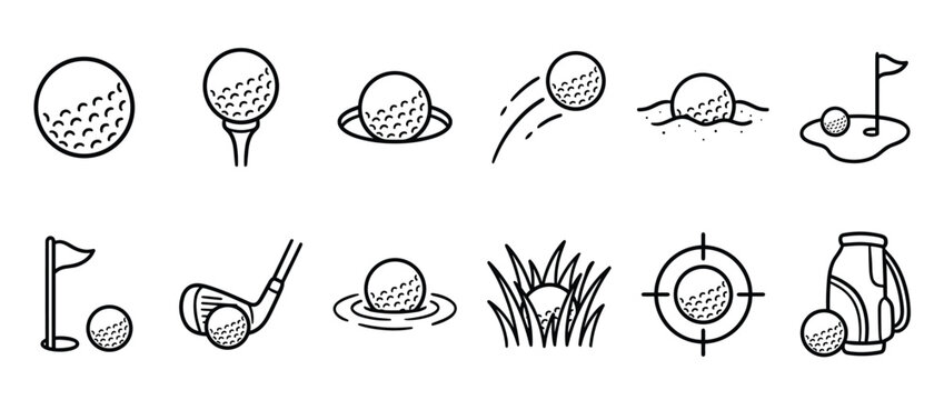 Collection of various golf ball and equipment line icons illustrating different aspects of the sport