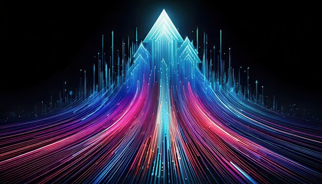 Ilustra&ccedil;&atilde;o conceitual de setas de luz neon em ascens&atilde;o simbolizando progresso, desenvolvimento corporativo e fluxo de dados em alta velocidade.