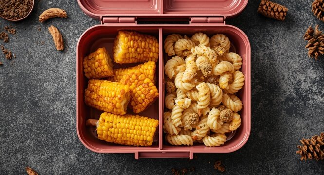 Tasty lunchbox combining baby corn and al dente pasta