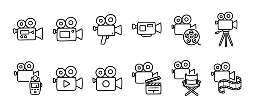 Collection of twelve black outline video camera icons with various film and production elements, presented in a clean, minimalist style