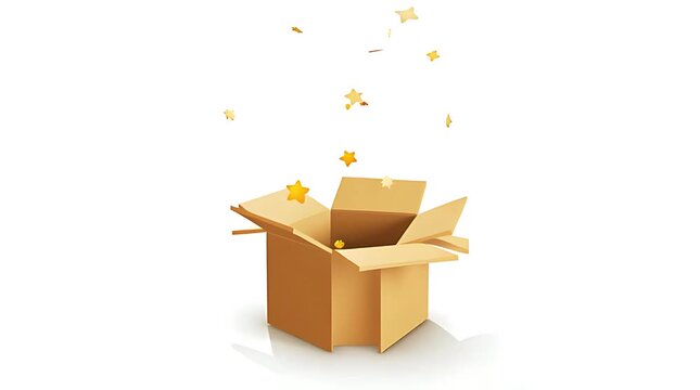 Magical open cardboard box with shiny gold stars floating upwards