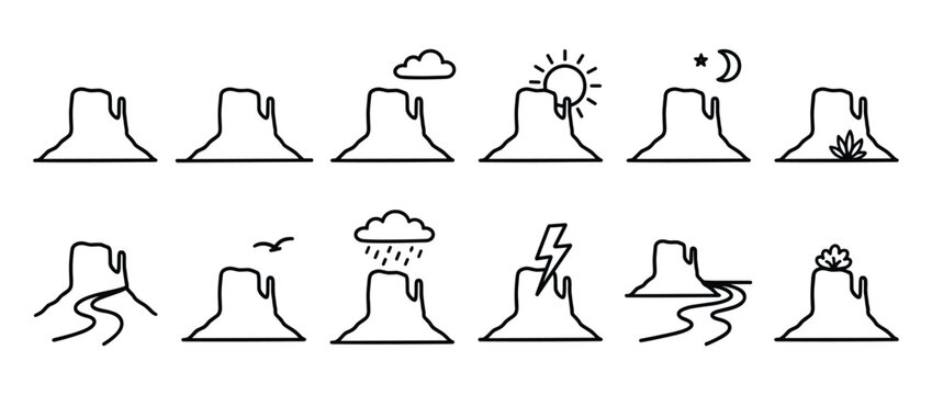 Collection of simple black outline icons depicting various desert buttes and mesas under different weather conditions and natural elements