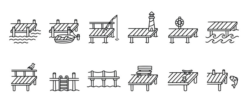 Collection of various simple black outline dock icons, depicting different activities and elements associated with piers and jetties