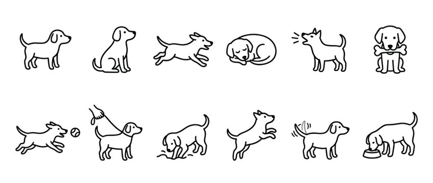 Collection of simple black outline dog icons showing various actions and poses, including sitting, running, sleeping, barking, playing, and eating