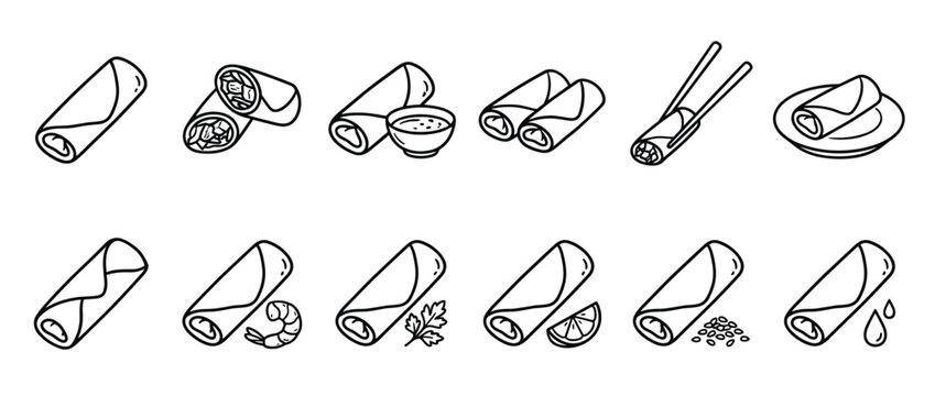 Various line art illustrations of spring rolls and egg rolls with different ingredients and serving styles