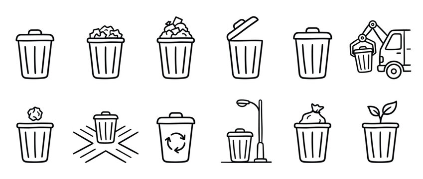 Collection of various trash can and recycling bin line art icons, illustrating waste management and environmental concepts
