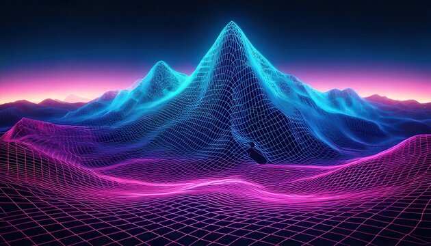 Paisagem digital de montanhas em estilo wireframe neon com cores azul e roxo vibrantes em uma est&eacute;tica retro-futurista de synthwave dos anos 80.
