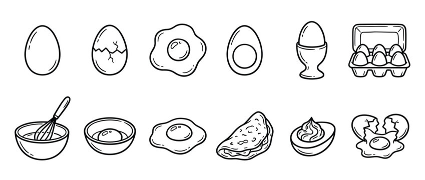 This black and white cartoon illustration features various egg forms, including whole, cracked, fried, boiled, and deviled eggs, along with a carton and whisked eggs in a bowl
