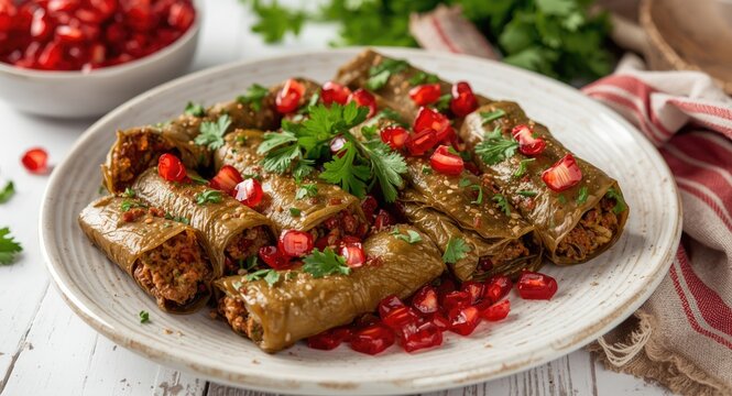 Homestyle stuffed vine leaves accented with fresh parsley and sprinkled pomegranate seeds on white wood table