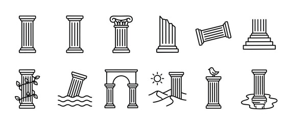 Fototapeta premium Collection of various outline style ancient Greek and Roman architectural column icons in a clean, minimalist design
