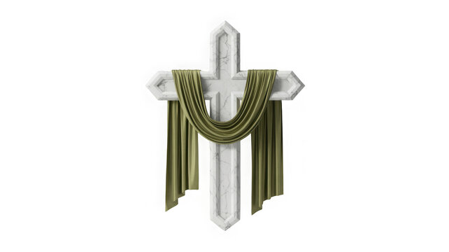 Stone Christian cross with golden draped cloth isolated PNG, religious symbol on transparent background for Easter and Good Friday design