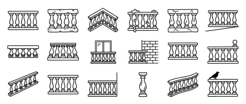 Collection of various balustrade and railing line art icons, showcasing different styles and conditions