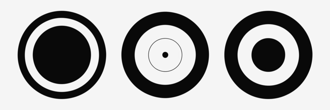 Three black and white concentric circle patterns with varying inner circle sizes