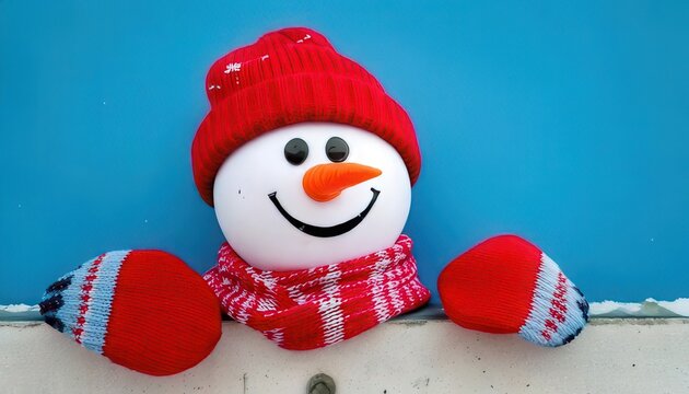 Boneco de neve sorridente com gorro vermelho, cachecol e luvas espreitando sobre uma borda branca contra um fundo azul vibrante e limpo.