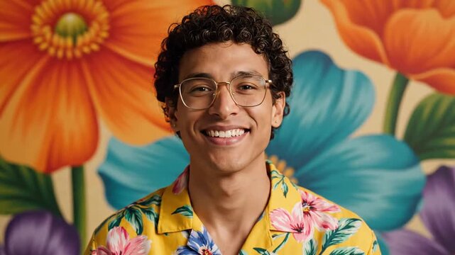 Young man with floral shirt, and smile.