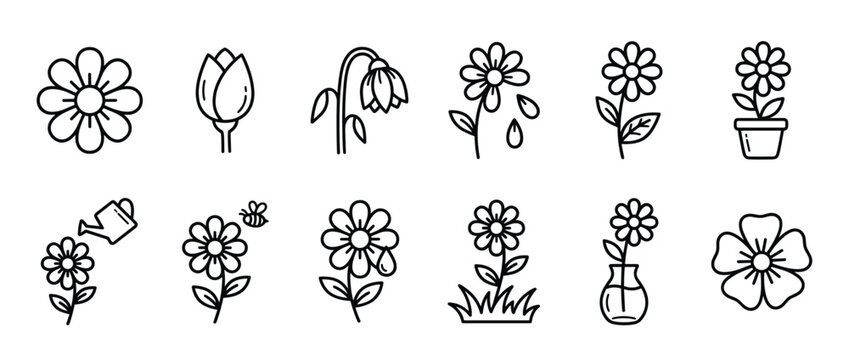 Collection of black outline flower icons depicting various stages of growth and interaction in a simple, graphic style