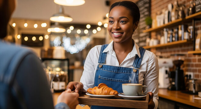 Happy female barista handing coffee order to cafe customer perfect for demonstrating positive hospitality service and successful retail business interaction
