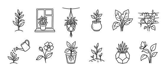 Obraz premium Collection of hand-drawn plant icons in various stages of growth and settings, presented in a clean, minimalist line art style
