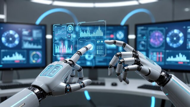 Close-up of advanced robotics interaction technologies in a futuristic digital lab environment