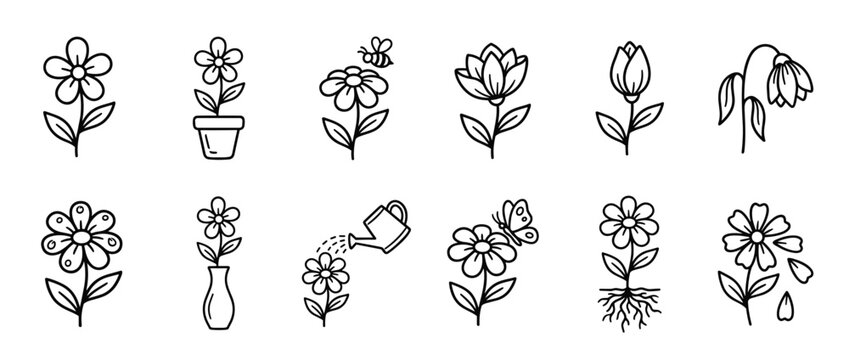 Collection of simple outline flower icons depicting various stages and interactions, presented in a clean, graphic style