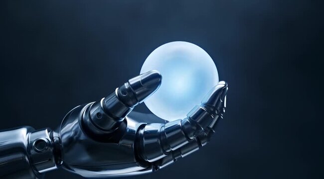 Robotic hand holding glowing orb technology.