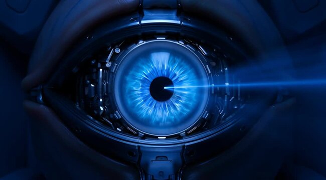 Close-up of a futuristic robotic eye with blue iris and light beam.