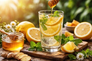 Fototapeta premium Lemon Infused Honey Water in Glass with Fresh Mint and Ingredients