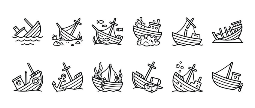 Various hand-drawn shipwreck illustrations showcasing different types of sunken boats and their surrounding underwater elements in a clean line art style