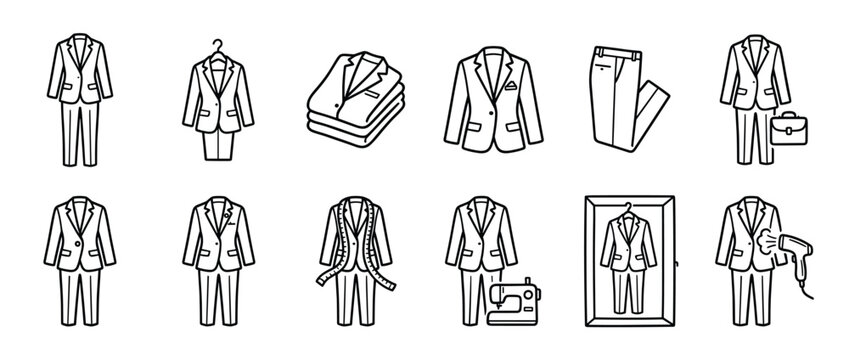 Collection of black outline icons depicting various aspects of business suits and their care