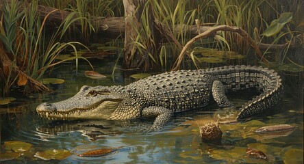 Obraz premium Traditional oil painting illustrating an alligator in its native swamp habitat