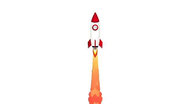 Cartoon rocket ship blast off with smoke trail on white background