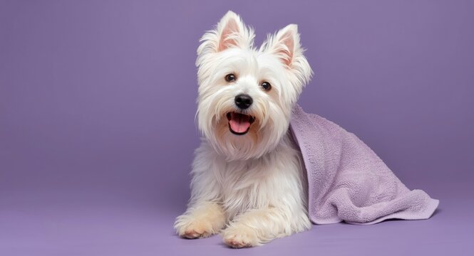 Happy West Highland White Terrier pet wrapped in towel on purple background after bath