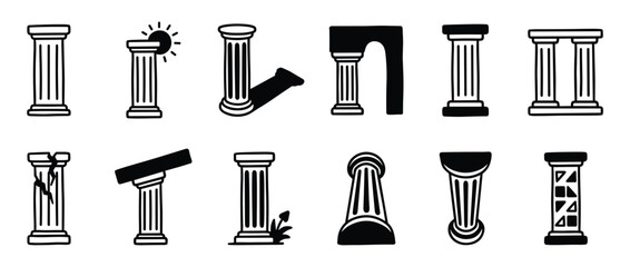 Fototapeta premium Various black and white hand-drawn column icons showcasing different styles, conditions, and perspectives in a clean, graphic illustration