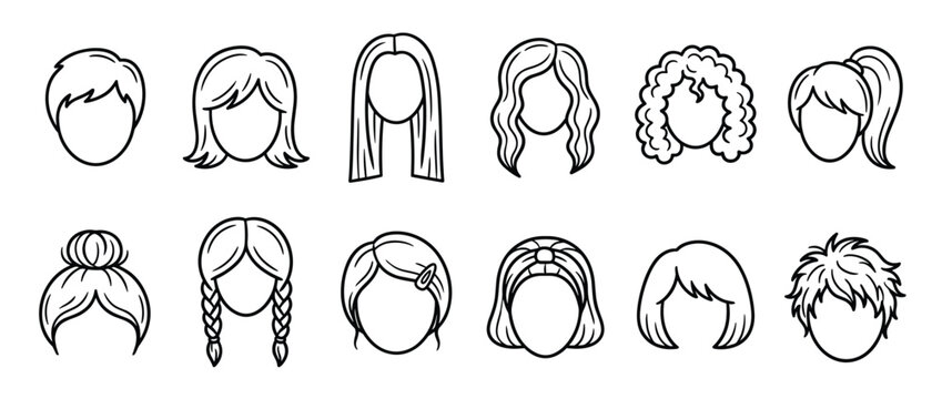 Collection of various outline hair styles and head shapes for men and women, presented as simple black and white vector icons