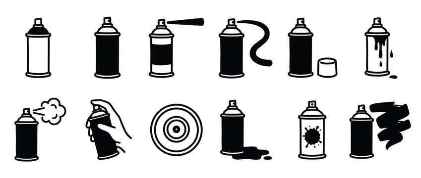 Collection of black and white spray paint can icons in various states of use, depicted in a simple, clean graphic style