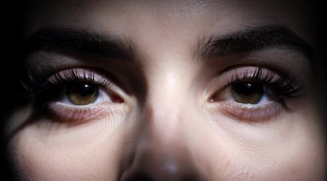 Close-up of a woman's eyes with green iris and long eyelashes.