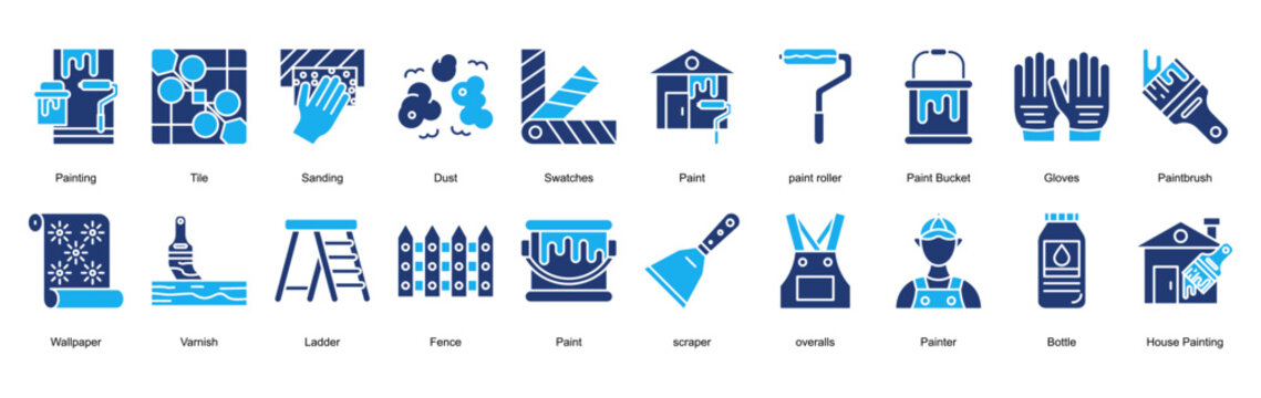 Painting Decorating Icon Set Collection Pack Banner Web Vector Illustration  Concept. Containing Painting, Tile, Sanding, Dust, Swatches, Paint, paint roller icon