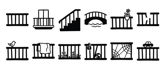 Obraz premium Collection of black and white hand-drawn railing icons depicting various scenarios and objects in a simple, graphic style