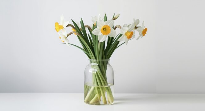 Winter forced narcissus paperwhite bulbs blooming inside a clean arranged vase