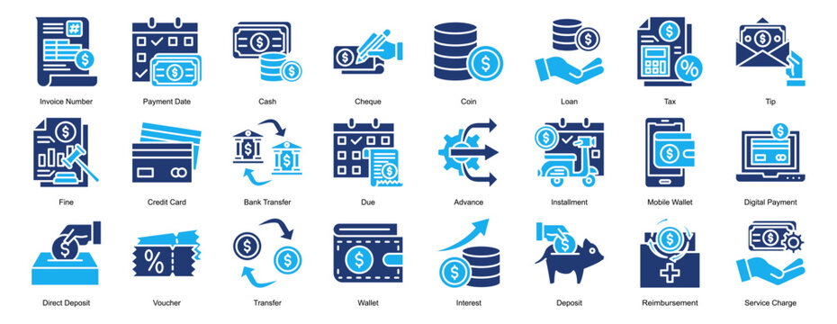 bill and payment method Icon Set Collection Pack Banner Web Vector Illustration  Concept. Containing Invoice Number, Payment Date, Cash, Cheque, Coin, Loan, Tax icon